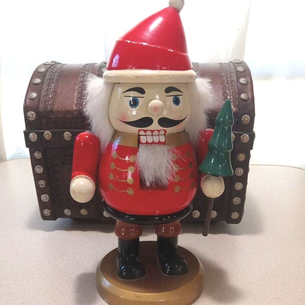 Vintage 11" Portly Jolly Nutcracker holding Christmas Tree Holliday Cheer Decor!